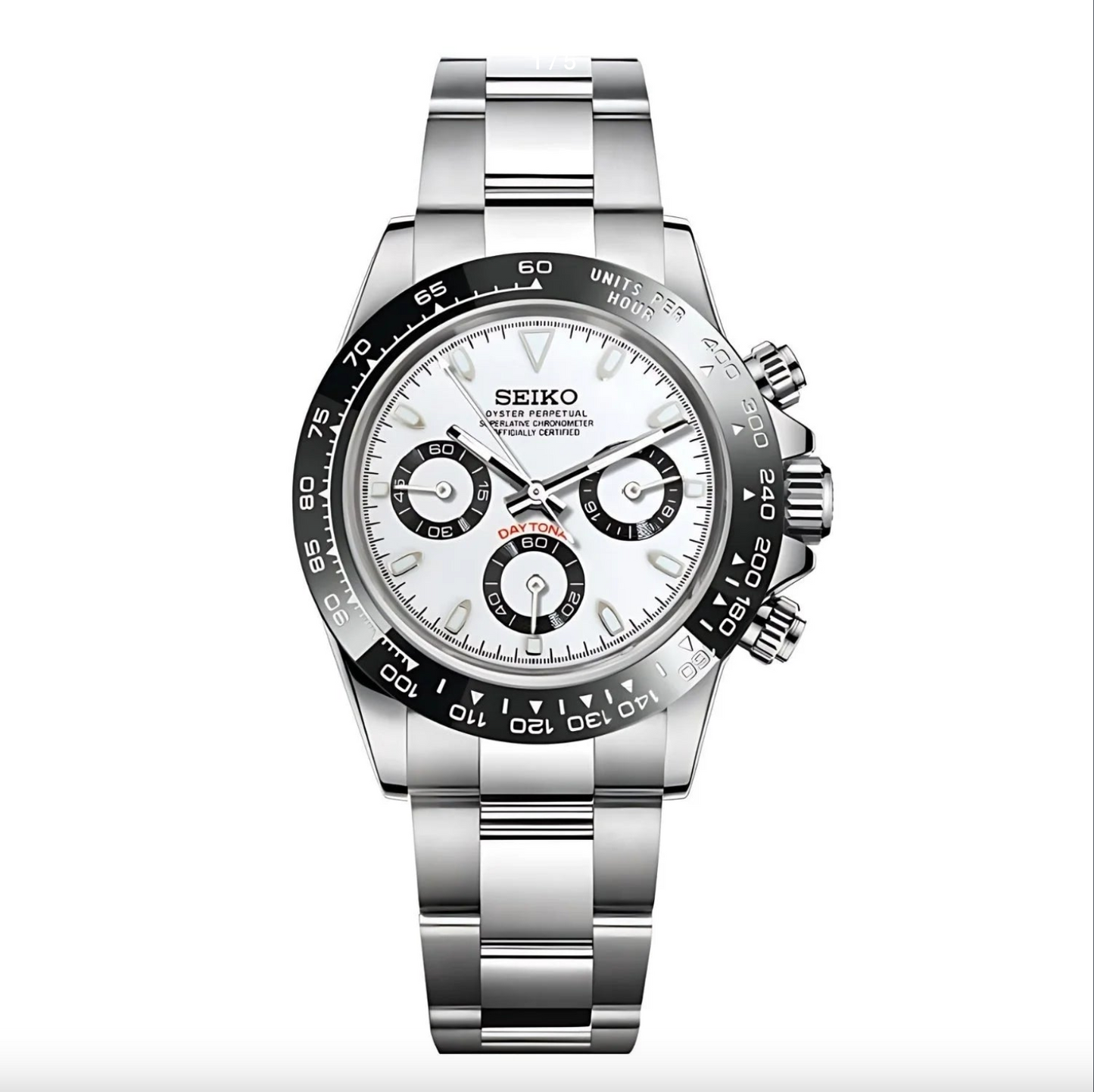 Seiko Mod Seitona de acero inoxidable con dial blanco.