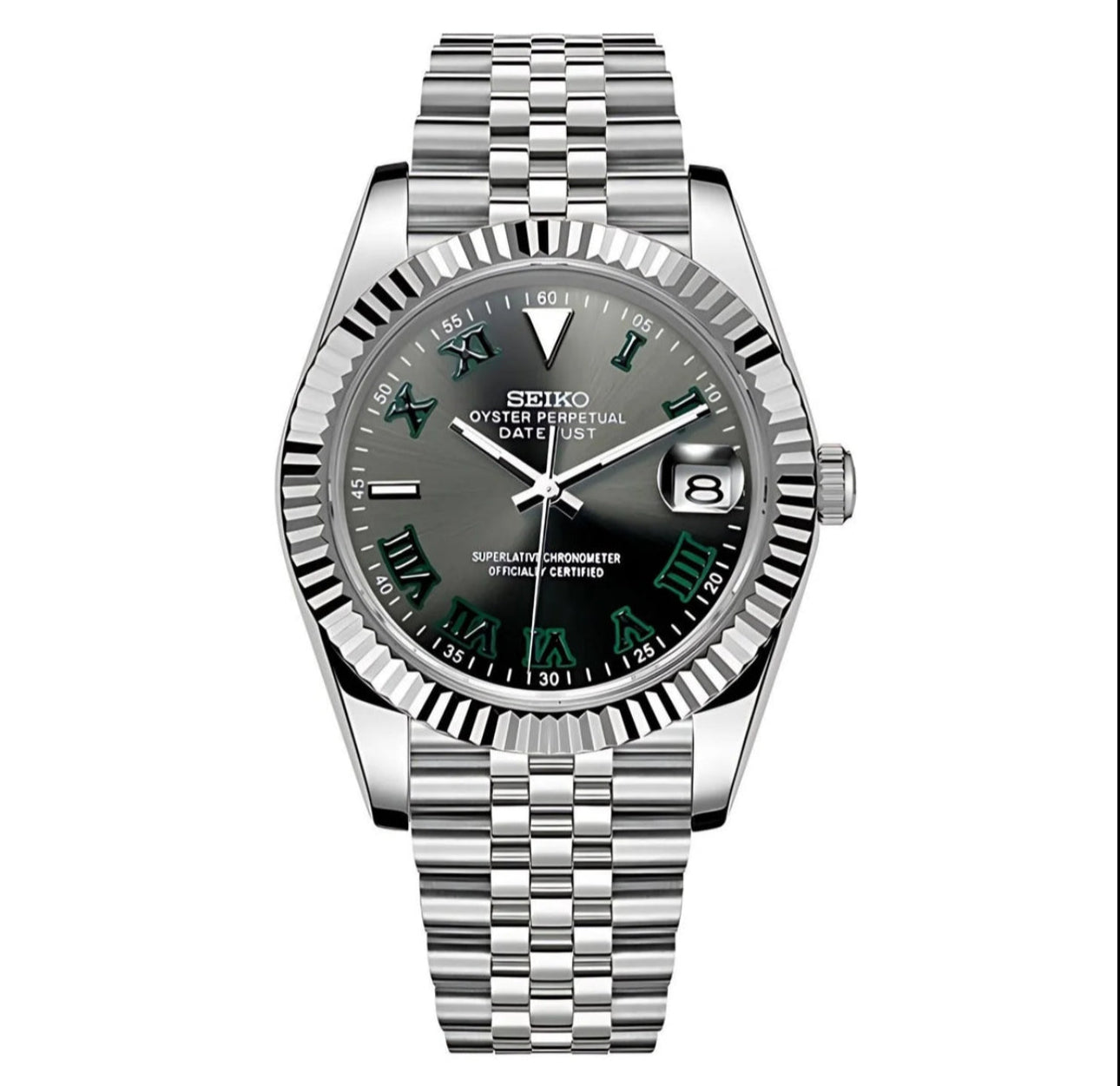 Seiko Mod Seikojust de acero inoxidable con dial gris con números romanos.