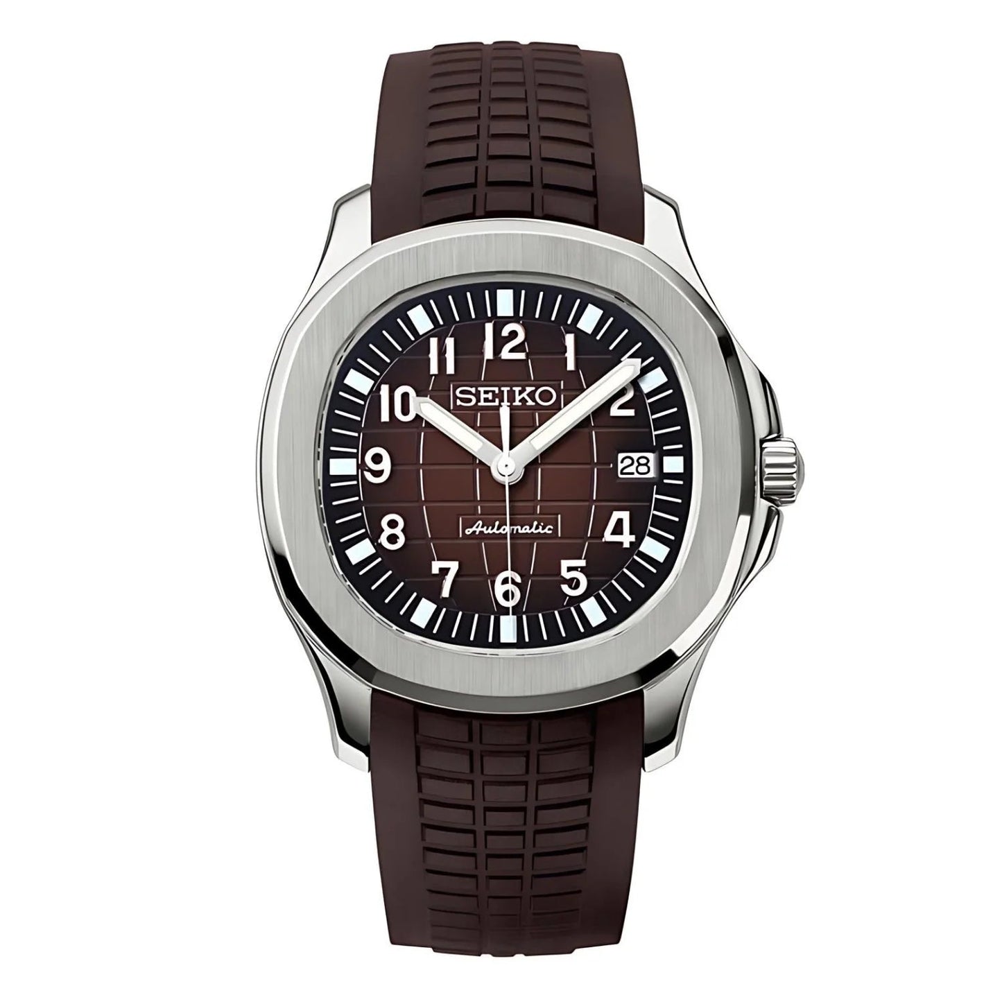Reloj Seiko Mod Aquaneiko de acero inoxidable con correa de goma y dial marrón.