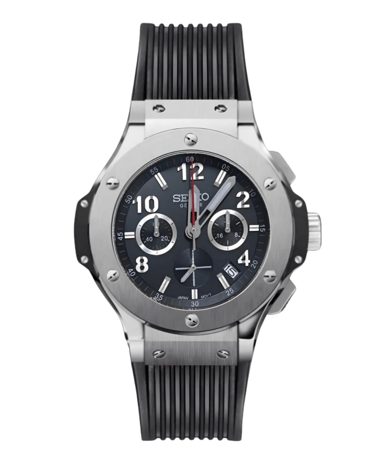 Reloj Seiko Mod Big Bangteiko con correa de goma y caja de acero inoxidable con dial negro.