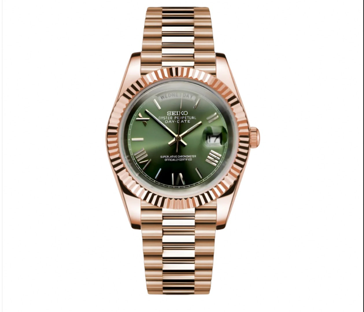 Seiko Mod Day-Deiko de scero inoxidable en oro rosa con dial verde.