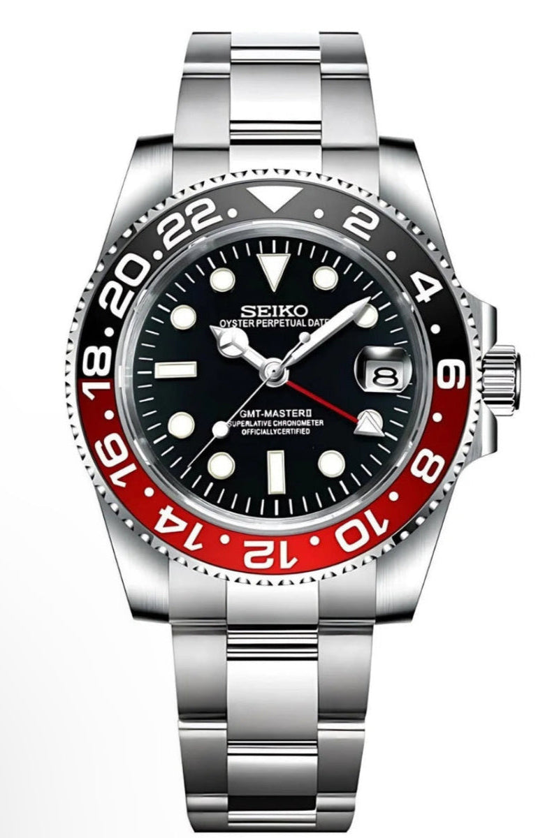 Seiko Mod GMTEIKO "COKE" de acero inoxidable con dial negro.