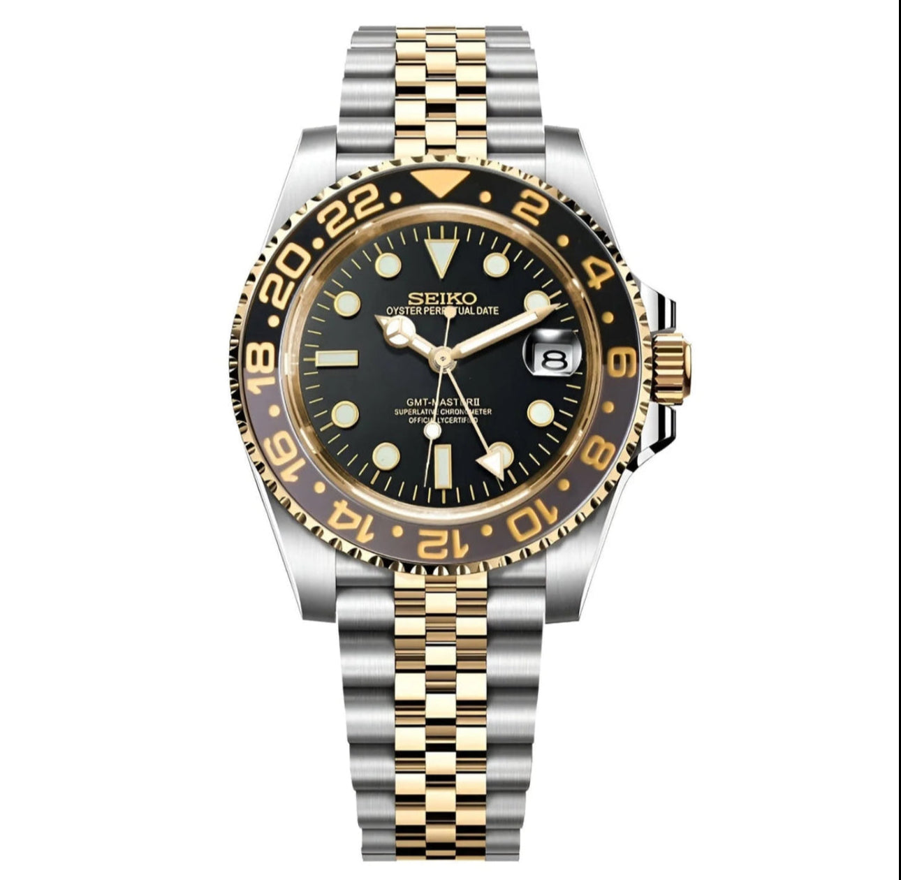 Seiko Mod GMTEIKO Two Tone de acero inoxidable y dorado con dial negro.