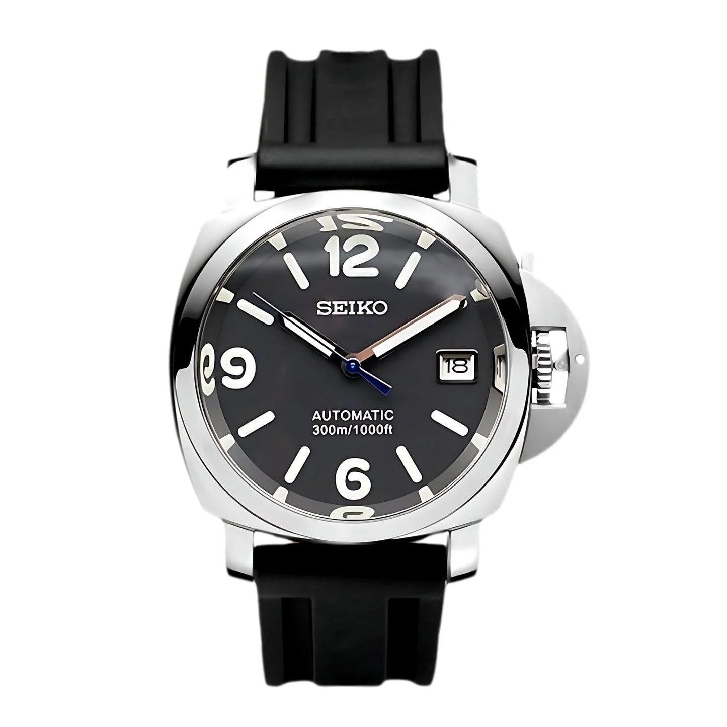 Reloj Seiko Mod Lumineiko Black de acero inoxidable con correa de goma y dial negro.