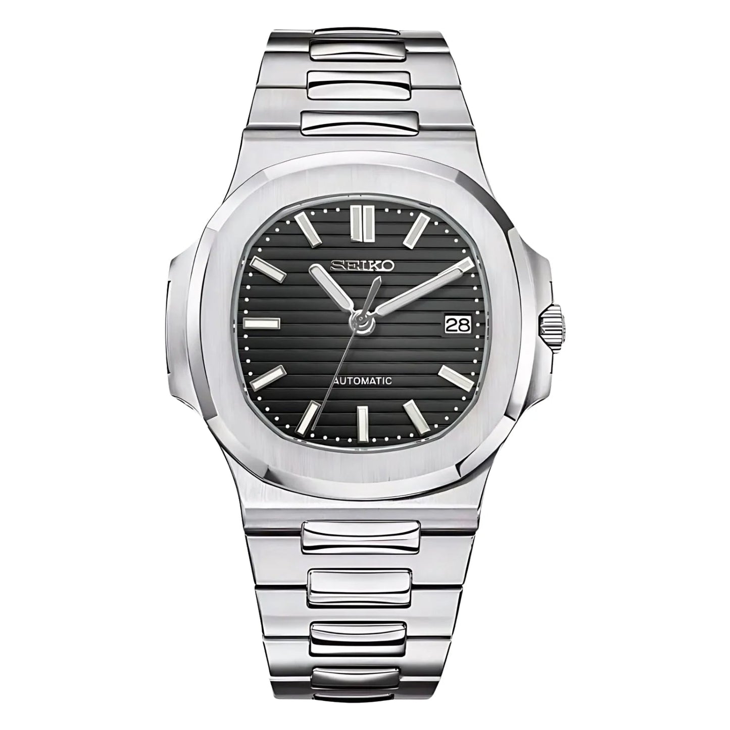 Reloj Seiko Mod Nauteiko de acero inoxidable con dial en negro.