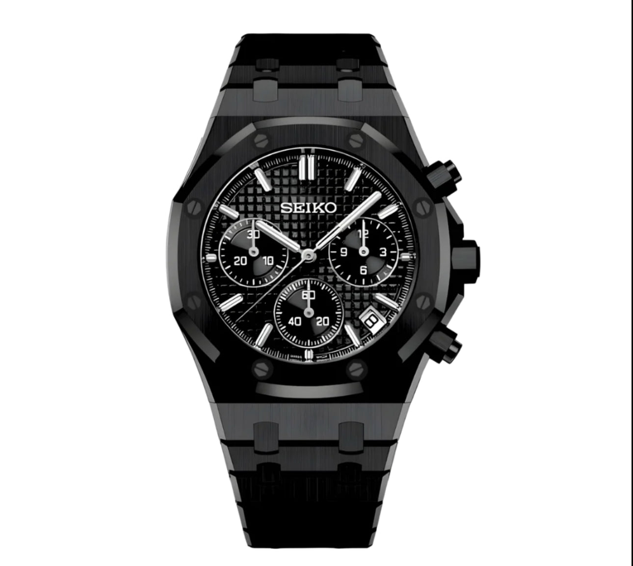 Seiko Mod Royal Seikoak de acero inoxidable negro con dial negro y agujas plateadas.