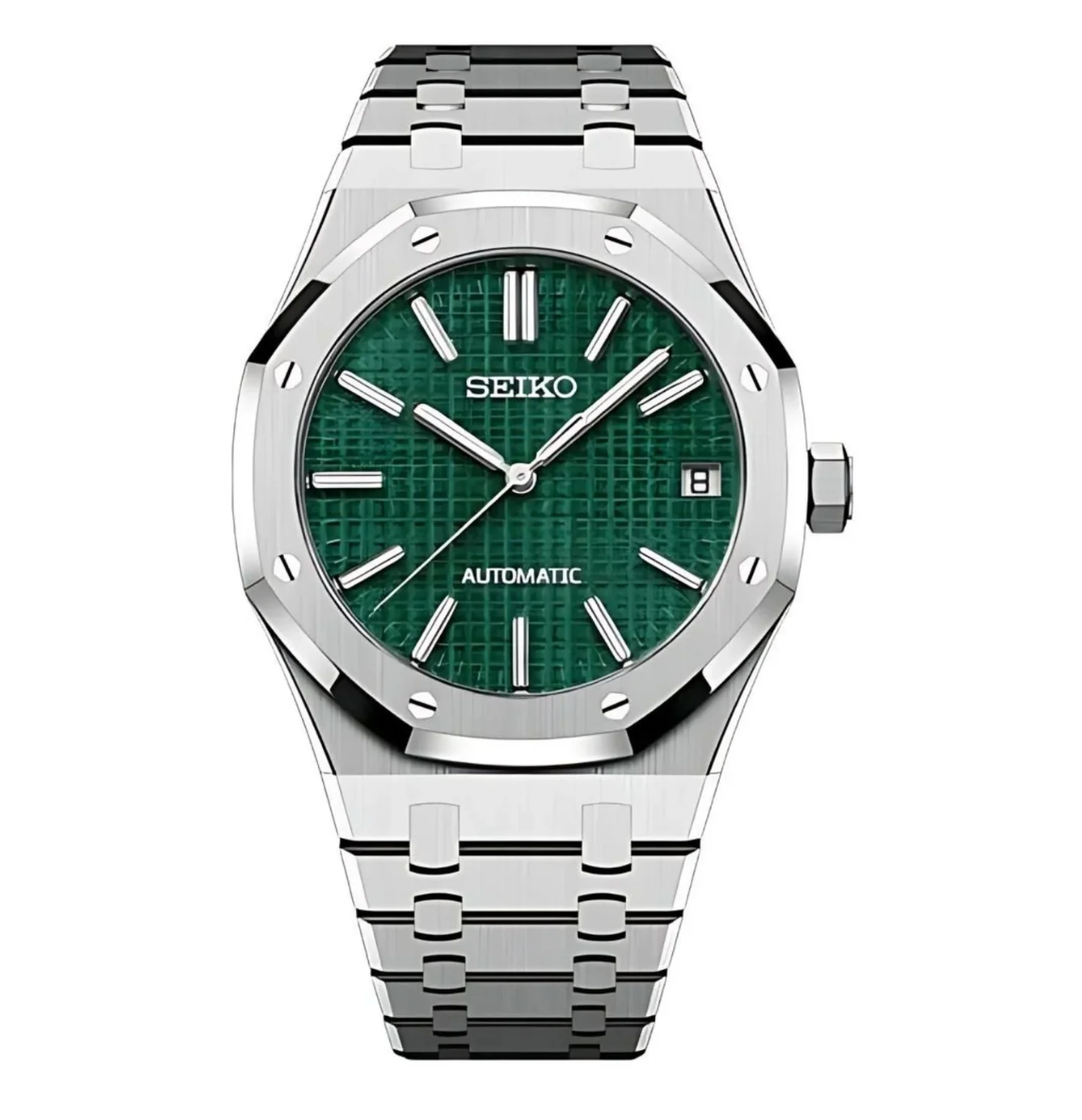 Seiko Mod Royal Seikoak de acero inoxidable con dial verde y agujas plateadas.