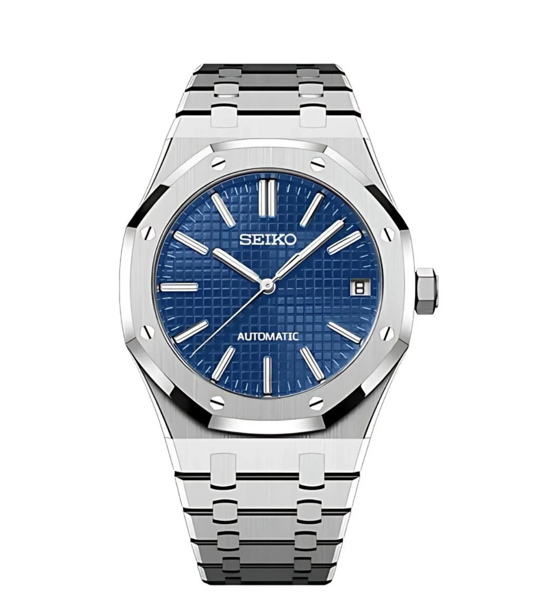 Seiko Mod Royal Seikoak de acero inoxidable con dial azul y agujas plateadas.