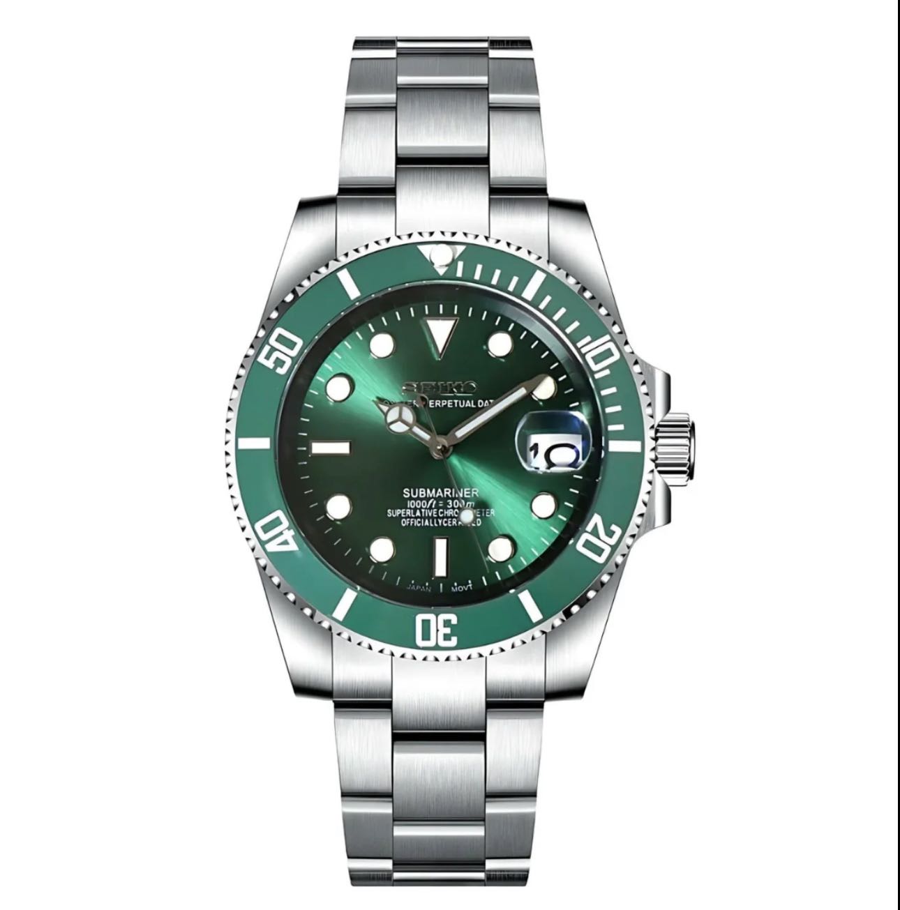 Reloj Seiko Mod Seikomariner Hulk de acero inoxidable con dial verde.