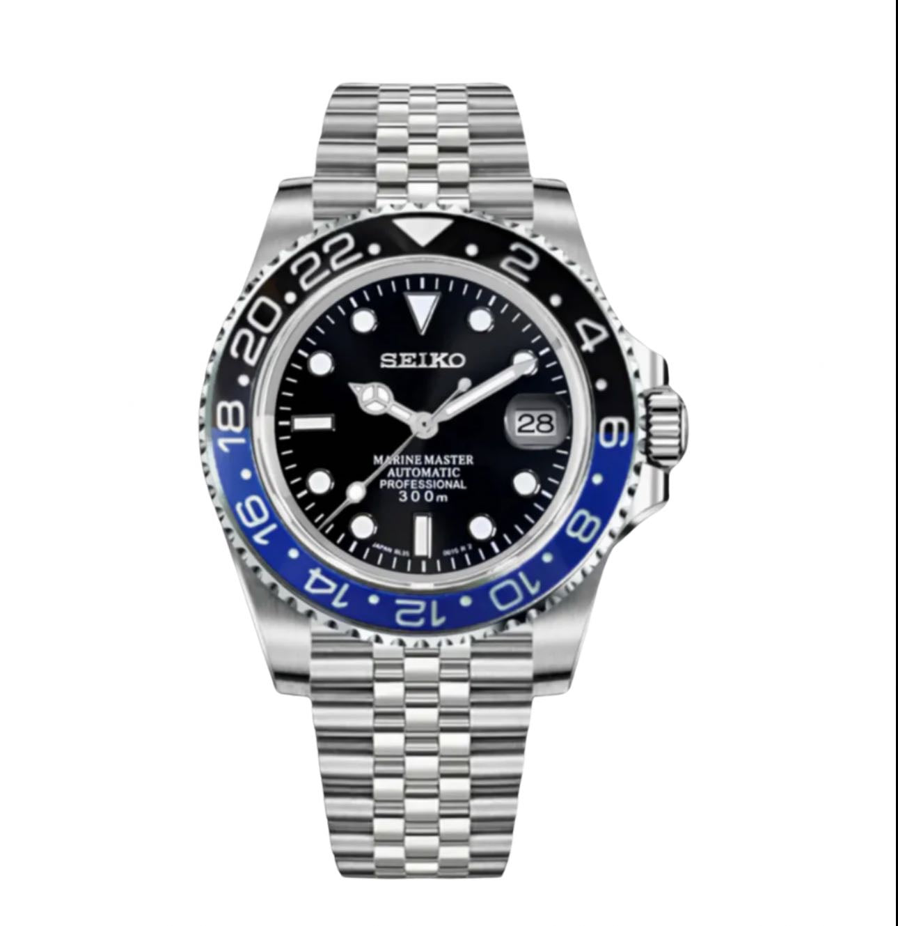 Reloj Seiko Mod Seikomariner batgirl de acero inoxidable y dial negro.