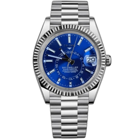Reloj Seiko Mod Skydwelleiko de acero inoxidable con dial azul y agujas plateadas.