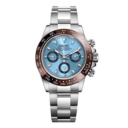 Reloj Seitona de Acero inoxidable con esfera celeste, bisel marrón y agujas plateadas.